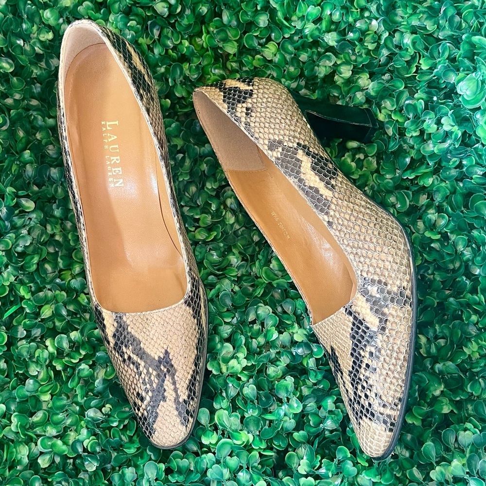 RALPH LAUREN DESIGNER COURTSVINTAGE SIZE 9.5 SNAKESKIN LEATHER SOLES 3"